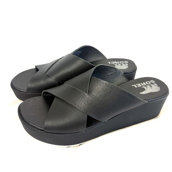 Sorel Cameron Flatform Mule Sandals Platform Leather Black Quiet Luxury Size 9 - Picture 1 of 11